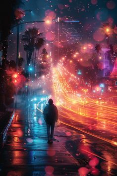 a person is walking down the street at night