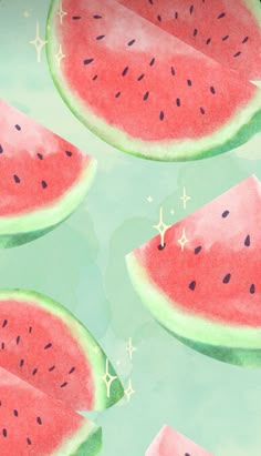 slices of watermelon are shown on a green background with black dots and stars