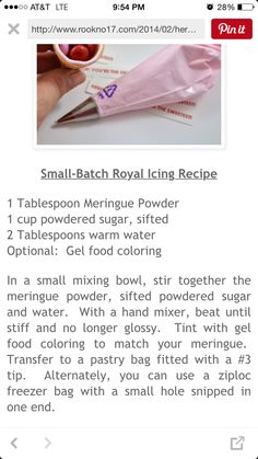 the recipe for small batch royal icing recipe is shown on an iphone screen, and it