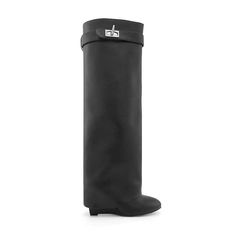 QAMRA Leather Wedged Heel Knee High Boots - ithelabel.com Gold Heels Prom, Roger Vivier Sneakers, Roger Vivier Sandals, Knee High Boots Leather, Wedged Heel, Womens Shoes Boots, Roger Vivier Shoes, Heel Knee High Boots, Ankle Boots Leather