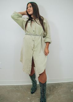 Experience the effortless sage-itude of this shacket. With its mineral wash and comfy, oversized fit, you'll never want to take it off - style it as a dress or layer for maximum coziness! 100% Cotton Payton is 5'4" wearing a size small Take It Off, A Dress, Oversized Fits, How To Wear, Dresses