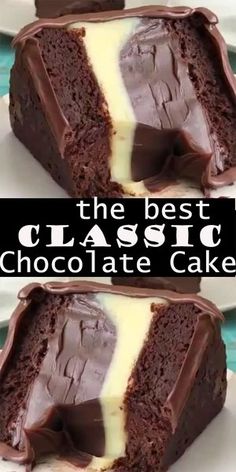 two pictures of chocolate cake with white frosting and the words, the best classic chocolate cake