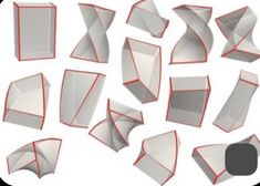 an assortment of different shapes and sizes of origami pieces on a white background