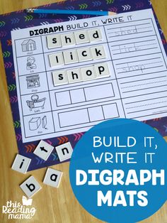 build it, write it, and diggraph mats with the words build it written on them