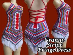 three mannequins with crochet and fringe on them, one is wearing a bathing suit