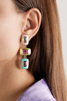 Emily P. Wheeler likens the pretty interplay of shapes and tones on these 'Bernadette Patchwork' earrings to the artworks of famed color-blockers in the '60s, such as fashion designer Rudi Gernreich. They twinkle with pink tourmaline, aquamarine, turquoise and pink opal set in 18-karat gold. 60s Earrings, Rudi Gernreich, Green Stone Earrings, 60s Jewelry, Turquoise And Pink, Chic Lifestyle, Indian Jewellery Design Earrings, Indian Jewellery Design, Designer Pieces