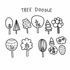 the doodle trees are drawn in black and white, with words above them that read tree doodle