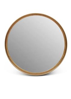 a round mirror with a gold frame on a white background