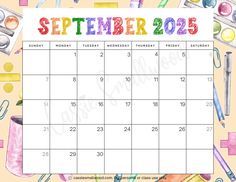 Cute September 2025 calendar free printable with back to school theme background Family Binder Free Printables, Calendar To Print, Aesthetic 2025, Editable Monthly Calendar, Calendar Free Printable, Free Monthly Calendar, Teaching Binder, Monthly Printable, Landscape Calendar