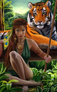 a painting of a woman and a tiger in the jungle with a spear on her knee