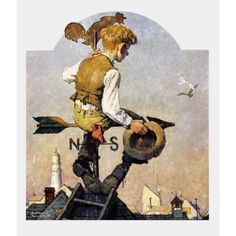 a painting of a man on top of a building with birds flying around him and the words n s