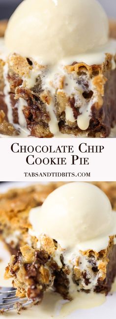 chocolate chip cookie pie with ice cream on top