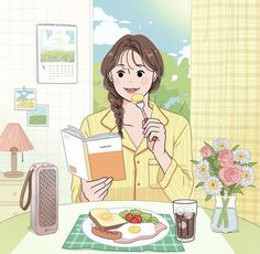 a woman sitting at a table reading a book and eating food with a drink in front of her