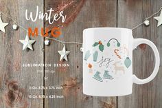 a white coffee mug sitting on top of a wooden table next to stars and garland