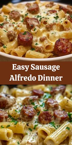 two different images of sausage alfredo dinner