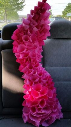 pink ruffles hanging from the back seat of a car