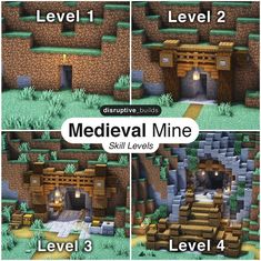 four different screens showing how to use medieval mine in the game, level 1 and 2