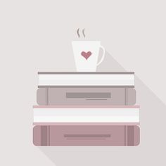 a stack of books with a cup of coffee on top, and a heart drawn in the middle