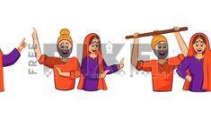 three people in orange and purple outfits are holding up their hands to the side, one is