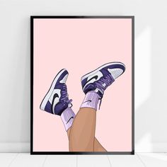 a purple sneaker poster hanging on a wall next to a white floor with a pink background