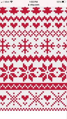 an image of a red and white knitted pattern on a phone screen with the text,