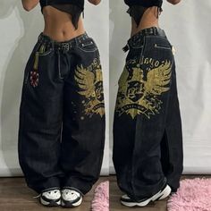 Aonga Streetwear Retro Fashion New Oversized Printed Baggy Jeans Women Y2K Harajuku Leisure Gothic High Waist Wide-leg Pants Trousers Size Waist Hip Length slack bottom S 78cm(30.75") 108cm(42.5") 104cm(41") 50cm(19.75") M 80cm(31.5") 110cm(43.25") 105cm(41.25") 52cm(20.5") L 84cm(33") 114cm(45") 106cm(41.75") 53cm(21") XL 88cm(34.75") 118cm(46.5") 107cm(42.25") 54cm(21.25") sometimes has some errors, but always within 3cm." Please note 1 cm = 0.39 inch,1 inch = 2.54 cm. Please feel free to cont Y2k Harajuku, Streetwear Jeans, Oversized Jeans, High Waist Wide Leg Pants, Women Y2k, Wide Trousers, Pants Fit, Jeans Y2k, Loose Jeans