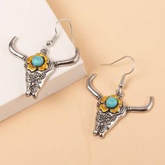 Turquoise Decor Drop Earrings Color: Silver Style: Fashionable Type: Dangle Material. Zinc Alloy Turquoise Decor, Embellished Fashion, Punk Earrings, Bull Head, Western Earrings, Cow Skull, Turquoise Earrings, For Love And Lemons, Trendy Fashion Women