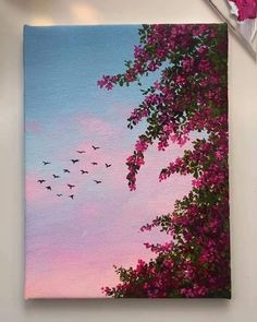 a painting of pink flowers and birds flying in the sky