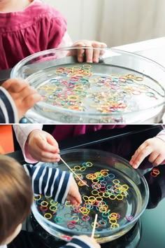 two pictures of children playing with rings on a tray