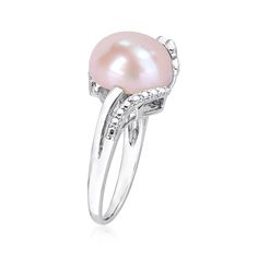 Ross-Simons - 12-12.5mm Pink Cultured Pearl Ring, Diamond Accents in Silver. Size 5. Kissed with pretty pastel luster, this lovely ring presents a 12-12.5mm pink cultured freshwater button pearl cradled in a floral-inspired setting of sterling silver. Finished with round diamond accents for a touch of sparkle. 1/2" wide. Pink pearl ring. Pearl birthstones are the perfect gift for June birthdays. Elegant Pink Pearl Round Ring, Pink Pearl Ring, Pearl Wedding Ring, Cultured Pearl Ring, Pearl Birthstone, Ring Pearl, June Birthday, Ring With Diamond, Lovely Ring