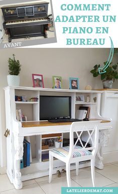 an old piano turned into a computer desk with built - in shelves for storage and organization