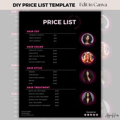 the price list for this hair salon is shown in black and pink, with three different styles