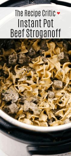 the recipe for instant pot beef stroganoni is shown in an instant pot