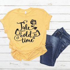 Tale as old as Time Chose your size and shirt color. Comes in unisex, women’s tee, women’s tank and child’s. Most items will ship within a week. Also shirts can be customized with names, family vacation, etc. If you are looking for color not listed message me I will do my best to accommodate Belle Shirt, Kids Disney Shirts, Disney Surprise, Beast Shirt, Disney Shirt Ideas, Beauty And The Beast Belle, Disney Tanks, Beauty Beast, Tale As Old As Time