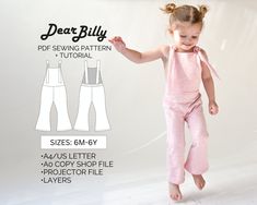 "This is a  bell bottom jumpsuit with shoulder straps PDF Sewing Pattern (instant download) with Instructions. 'Flower Child' jumpsuit pattern by DearBillyPatterns. This is a PDF Sewing Pattern (instant download) in sizes 6-12M/1-2T/2-3T/3-4T/4-5T/5-6Y All sizes are included in your purchase. This is an intermediate skill level sewing pattern that requires prior sewing experience. If you have any questions while sewing-feel free to email us, we'll be more than happy to walk you through it.  This Baby Jumpsuit Pattern, Jumpsuit Pattern Sewing, Toddler Patterns, Toddler Jumpsuit, Machine Applique Designs, Fabric Sewing Patterns, Cool Kids Clothes, Jumpsuit For Kids, Flare Jumpsuit