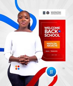 a woman is standing in front of a welcome back to school sign with her hands folded