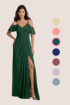 a woman in a long green dress standing next to color swatches and the image shows off