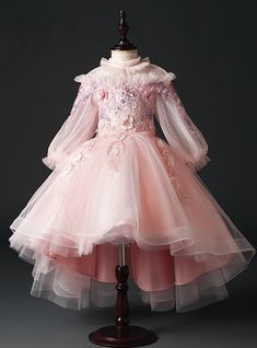 a pink dress on a mannequin dummy with long sleeves and floral appliques