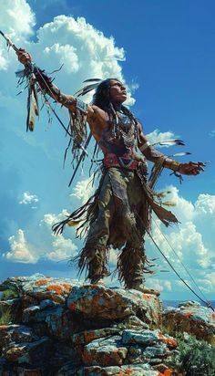 a painting of a native american standing on top of a hill