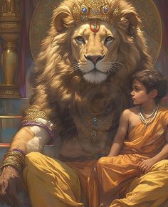 a painting of a man and a lion sitting next to each other