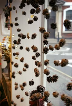 pine cones are hanging from the side of a building