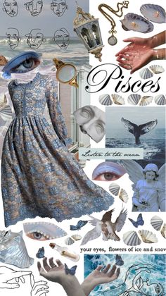 a collage of pictures with the words pisces on it and images of seashells