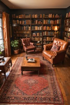 a living room filled with furniture and bookshelves covered in lots of bookcases