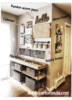 an organized entryway with baskets on the wall and shelves labeled in words above it