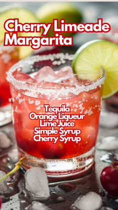 Cherry Limeade Margarita Cherry Margarita Recipe, Tart Cocktails, Limeade Margarita Recipe, Fun Summer Drinks Alcohol, Limeade Margarita, Cherry Margarita, Fruity Alcohol Drinks, Simple Syrup Cocktails