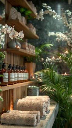 several bottles and towels are lined up on the shelf next to each other in front of some potted plants