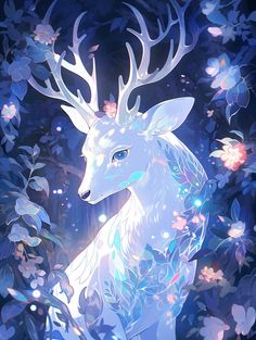 a white deer sitting in the middle of a forest with blue flowers on it's back