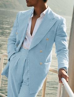 Beach Wedding Suits, Seersucker Jacket, Dapper Outfit, Tropical Fashion, Summer Suit, African Clothing For Men