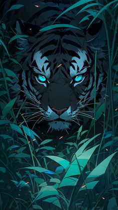 a tiger with blue eyes is surrounded by tall grass and plants in the night time