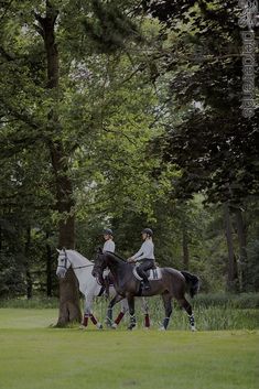 two people riding on the backs of horses in a field next to trees and grass